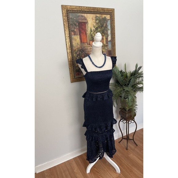 Women's CITY STUDIO 3 Tiers 5 Blue Lace Tea Length Stretch Cocktail Party Dress - Picture 2 of 12